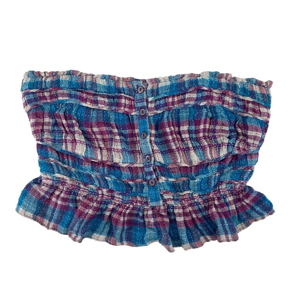Free People Top Crop Tube Top Ruffle Plaid Size S Blue Purple Preppy Smocked